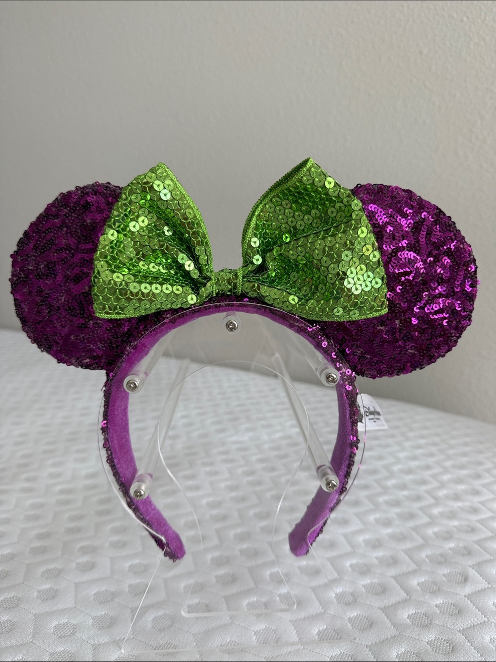 Disney Halloween Purple Sequin Minnie Ears Headband with Green Sequin Bow